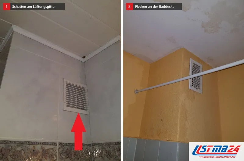 Zwei Bilder: links graue Schatten am Lüftungsgitter eines Bades mit Kunststoffpaneelen, rechts Flecken an einer Baddecke über gelber Wand