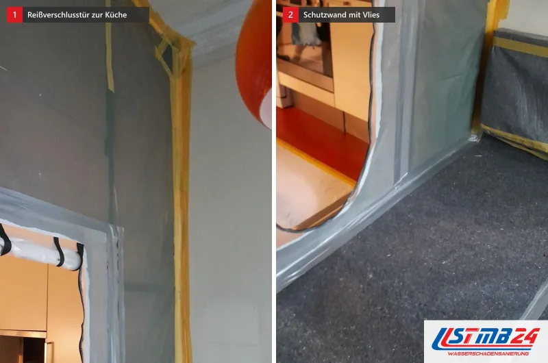 Zwei Bilder einer Staubschutzwand aus Folie: links die Reißverschlusstür zur Küche, rechts die Wand mit Vlies auf dem Boden