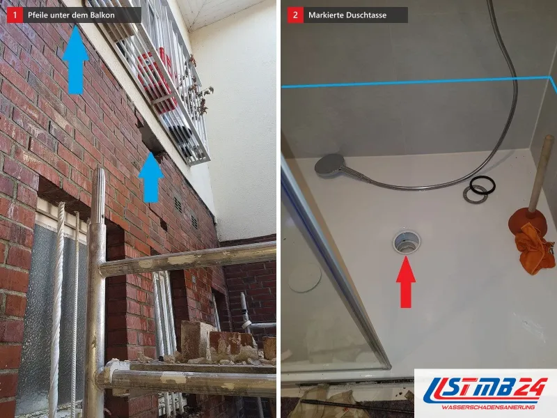 Zwei Ansichten: Klinkerfassade mit blauen Pfeilen unter einem Balkon, daneben Duschtasse mit rotem Pfeil auf den Ablauf und blauen Linien an der Wand
