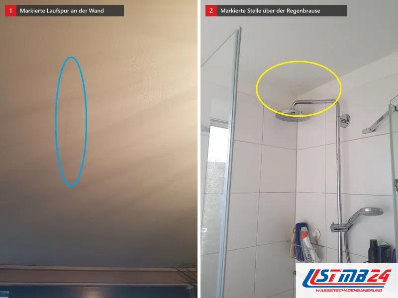 Zwei Ansichten: Wand mit blau markierter senkrechter Laufspur, daneben Dusche mit Regenbrause und gelb umkreister Stelle an der Decke