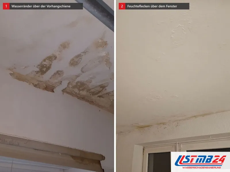 Zwei Ansichten: Zimmerdecke mit braunen Wasserrändern über einer Vorhangschiene, daneben Decke mit dunklen Feuchteflecken über zwei Fensterflügeln