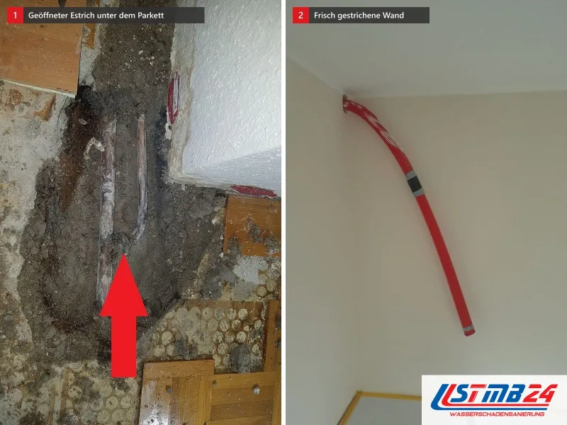 Zwei Ansichten: geöffneter Estrich unter dem Mosaikparkett mit rotem Pfeil auf das Kupferrohr, daneben frisch gestrichene Wand mit Vlies