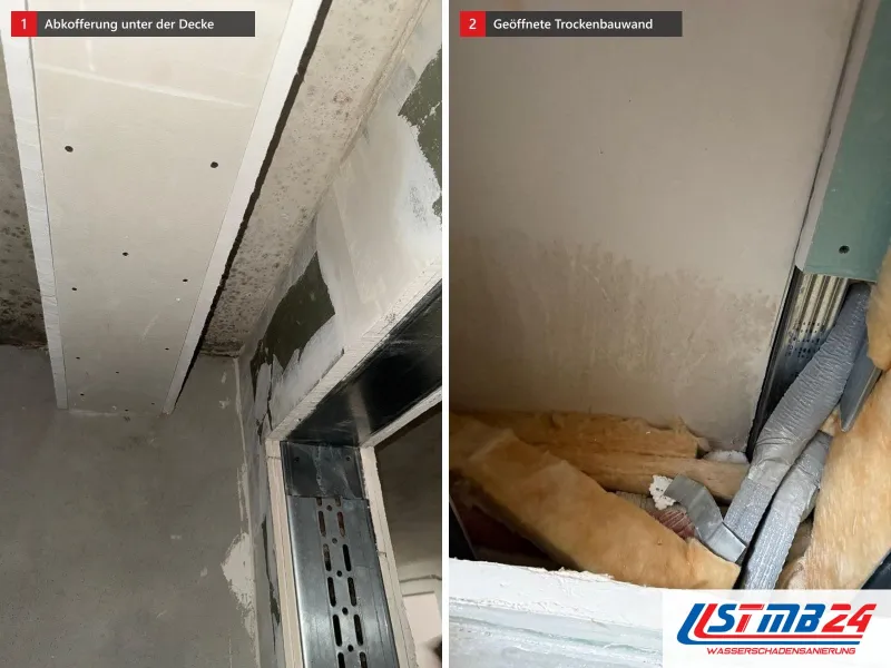 Zwei Ansichten: Abkofferung aus Gipsplatten unter einer Betondecke, daneben geöffnete Trockenbauwand mit Metallprofilen und Wasserrand