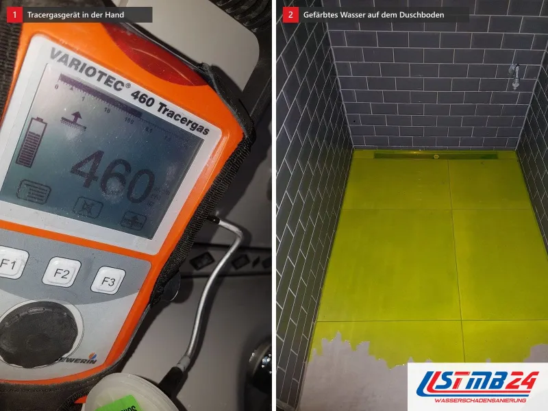 Zwei Ansichten: Tracergasgerät mit orangem Gehäuse in der Hand, daneben Duschboden mit gelb eingefärbtem Wasser für die Dichtheitsprüfung