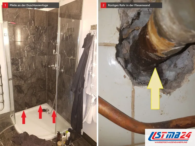 Zwei Ansichten: Dusche mit roten Pfeilen auf die Fuge der Duschtasse, daneben verrostetes Stahlrohr in einem aufgestemmten Loch der Fliesenwand