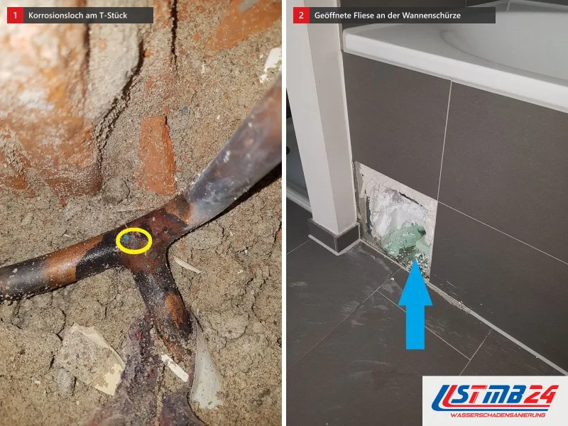 Zwei Ansichten: Kupferrohr mit T-Stück, gelb umkreist ein winziges Korrosionsloch, daneben geöffnete Fliese an der Wannenschürze mit blauem Pfeil