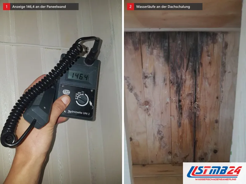 Zwei Ansichten: Messgerät mit Anzeige 146,4 an einer Paneelwand, daneben Holzschalung mit dunklen Wasserläufen und Schimmelflecken von oben nach unten