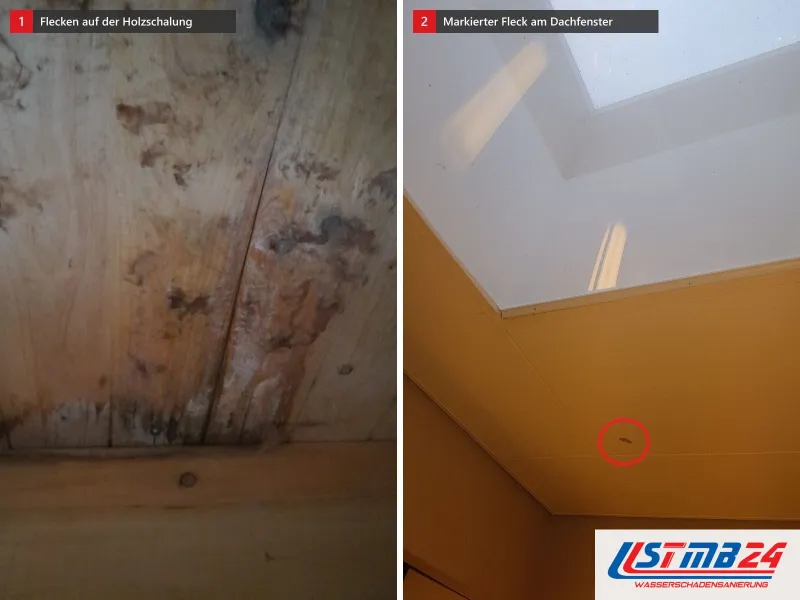 Zwei Ansichten: Holzschalung mit braunen und schwarzen Flecken, daneben Dachfenster in einer Holzverkleidung mit rot umkreistem Fleck