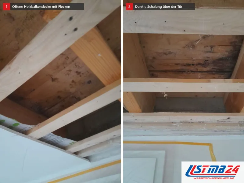 Zwei Ansichten: offene Holzbalkendecke mit dunklen Flecken, daneben Holzschalung mit dunklen Flecken über einer Tür