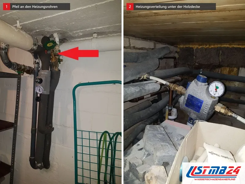 Zwei Ansichten: Heizungsrohre an der Wand mit rotem Pfeil, daneben Heizungsverteilung unter einer Holzdecke mit gedämmten Rohren und Manometer