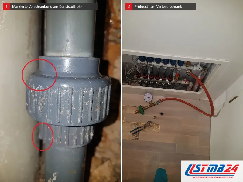 Zwei Ansichten: graues Kunststoffrohr mit Verschraubung und rot umkreisten Stellen, daneben Verteilerschrank der Fußbodenheizung mit Prüfgerät