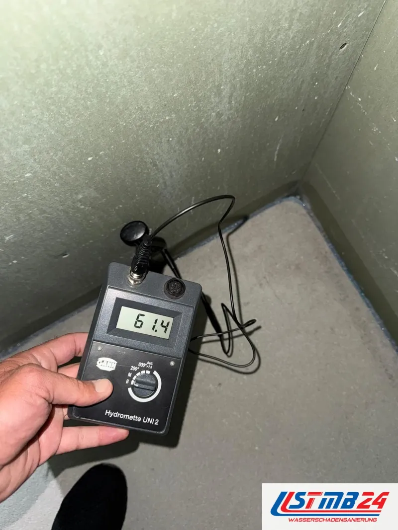 Feuchtemessgerät zeigt 61,4, die Elektroden stehen in der Raumecke auf frischem Estrich vor grün grundierten Wänden