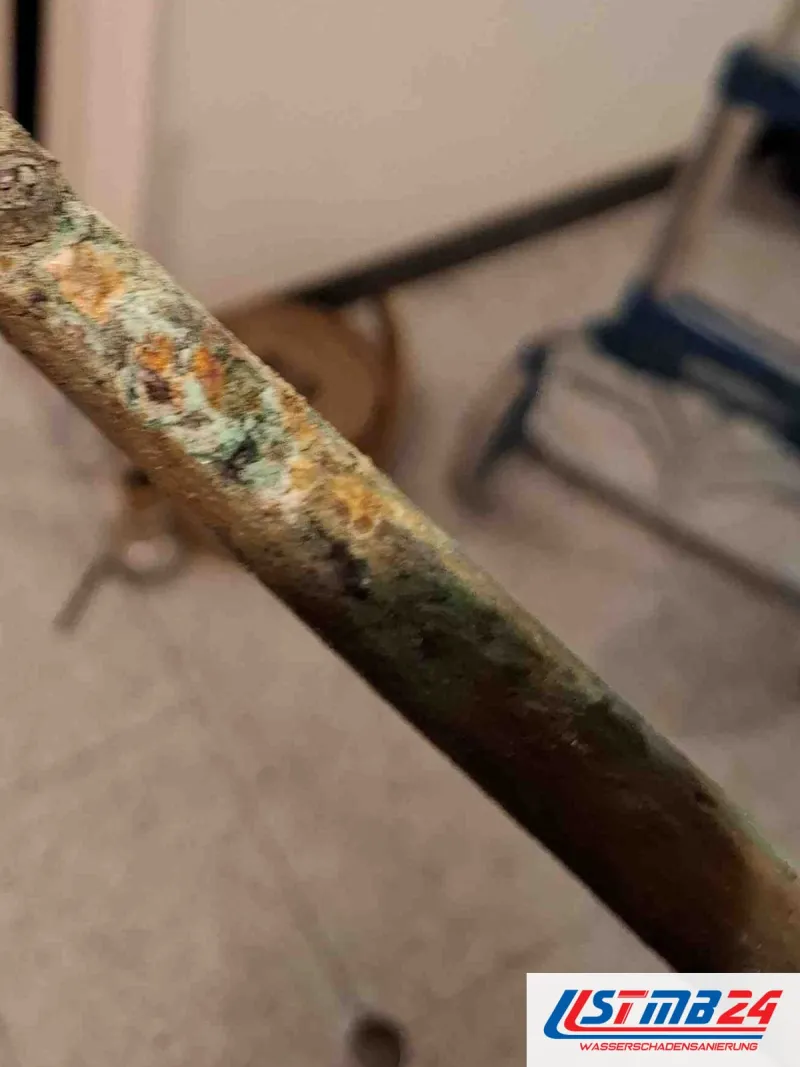 Ausgebautes Rohrstück mit Rost und grünem Belag auf ganzer Länge, im Hintergrund eine Sackkarre