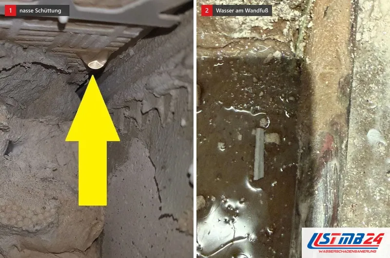 Zwei Bilder: links ein Hohlraum mit Schüttung und gelbem Pfeil auf die nasse Stelle, rechts Wasser zwischen Estrichbrocken am Wandfuß