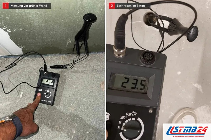 Zwei Bilder: links ein Messgerät mit Elektroden am Estrich vor einer grünen Wand, rechts ein Messgerät mit 23,5 an Bohrlöchern im Beton