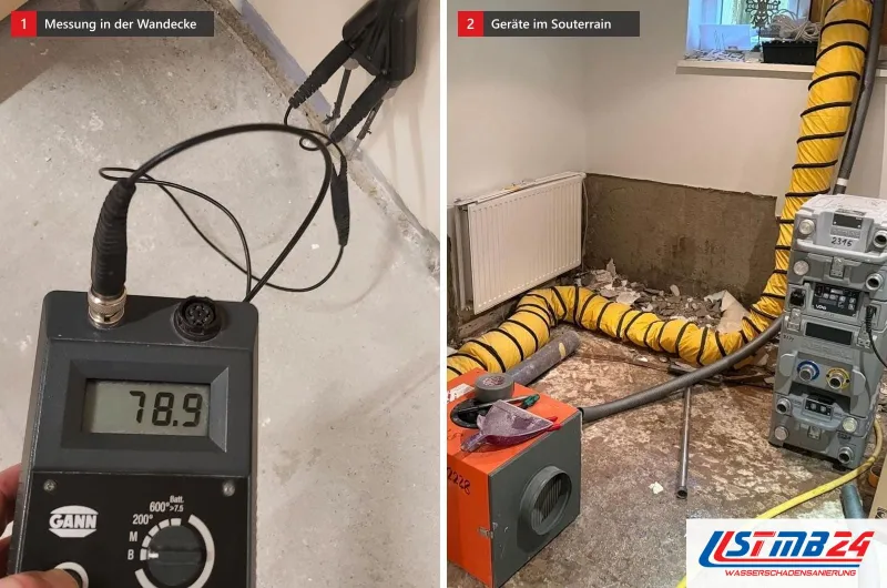 Zwei Bilder: links ein Messgerät mit 78,9 an einer Wandecke über Estrich, rechts ein Souterrain mit Gebläse, Geräten und gelbem Luftschlauch