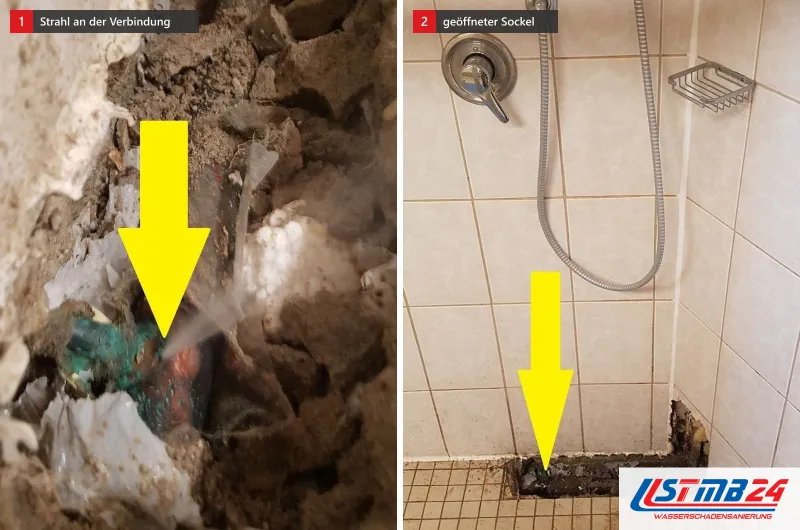 Zwei Bilder: links eine grün korrodierte Kupferverbindung, aus der seitlich ein Strahl tritt, rechts ein geöffneter Sockel in einer Duschecke