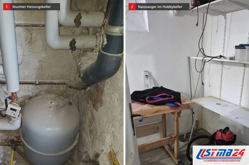 Zwei Bilder: links ein alter Heizungskeller mit Ausdehnungsgefäß und fleckigen Wänden, rechts ein Hobbykeller mit Nasssauger