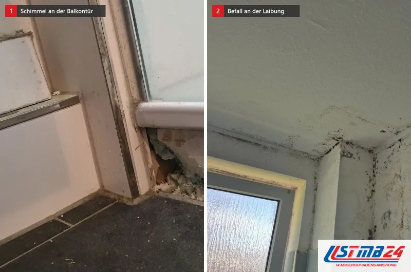 Zwei Bilder: links der untere Anschluss einer Balkontür mit Schimmelspuren auf grüner Dämmung, rechts Befall an Decke und Fensterlaibung im Bad