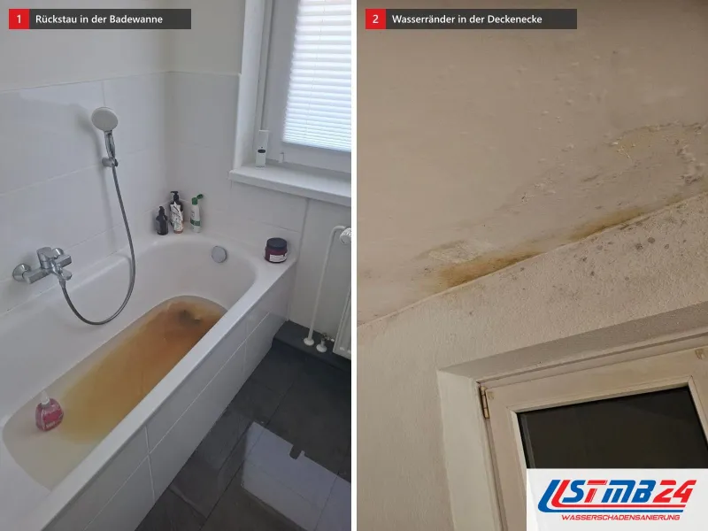 Zwei Ansichten: Badewanne mit braunem Wasser bis über den Ablauf, daneben Deckenecke mit gelben Wasserrändern über einer Tür