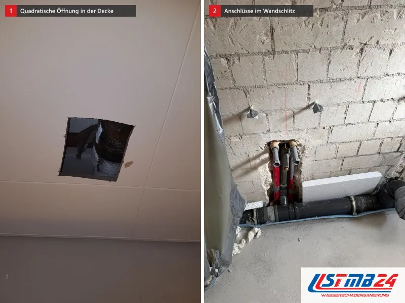 Zwei Ansichten: Decke mit quadratischer Öffnung, daneben Bad mit freigelegtem Kalksandsteinmauerwerk, Anschlüssen im Schlitz und neuem Abflussrohr