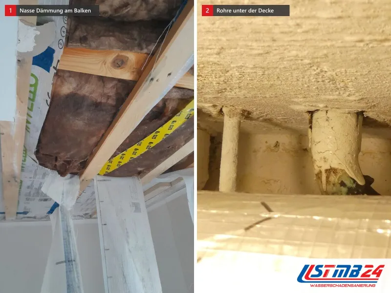 Zwei Ansichten: Holzbalken mit dunkler nasser Dämmung und gelbem Klebeband, daneben Rohre unter einer Decke mit teils offener Dämmung und Alufolie