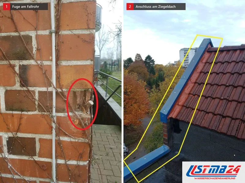 Zwei Ansichten: Klinkerpfeiler mit rot umkreister Fuge am Fallrohr, daneben gelb markierter Anschluss zwischen Ziegeldach und Wand