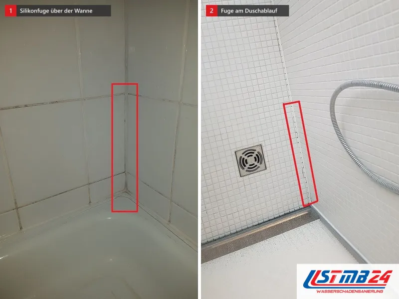 Zwei Ansichten: Fliesenecke über der Wanne mit rot eingerahmter Silikonfuge, daneben Mosaikdusche mit rot eingerahmter Fuge am Ablauf