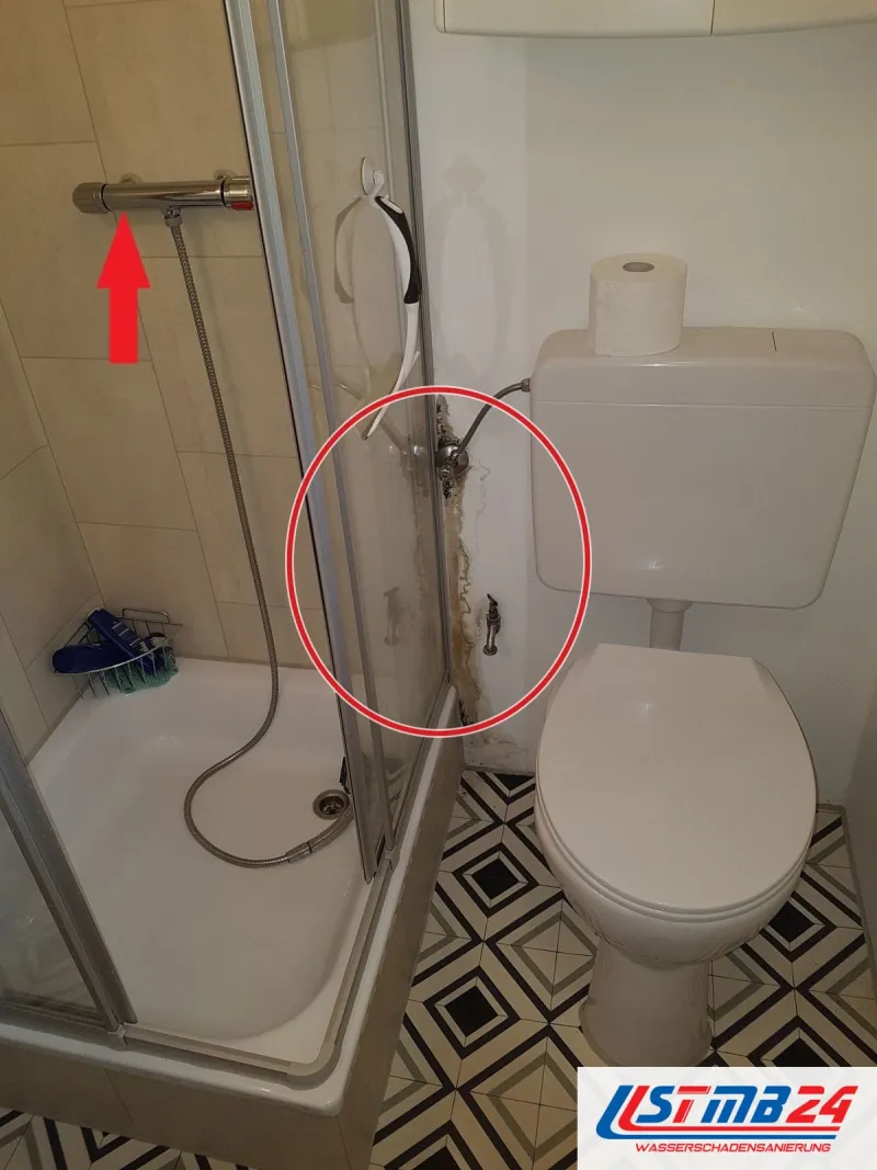 Duschecke, roter Pfeil auf das Thermostat, daneben WC, ein roter Kreis markiert die Stelle