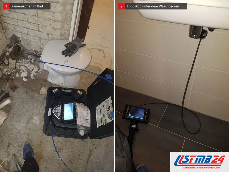 Zwei Ansichten: Bad im Rückbau mit Kamerakoffer neben dem WC, daneben Endoskop auf dem Fliesenboden unter dem Waschbecken