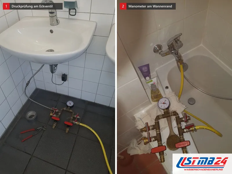 Zwei Ansichten: Waschbecken mit Druckprüfung am Eckventil, daneben Manometer mit Ventilen und gelbem Schlauch am Wannenrand