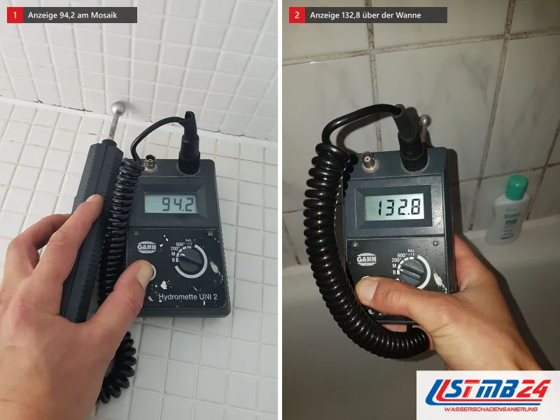 Zwei Ansichten: Messgerät mit Anzeige 94,2 an weißem Mosaik, daneben Hydromette mit Kugelsonde an den Wandfliesen über der Badewanne, Anzeige 132,8