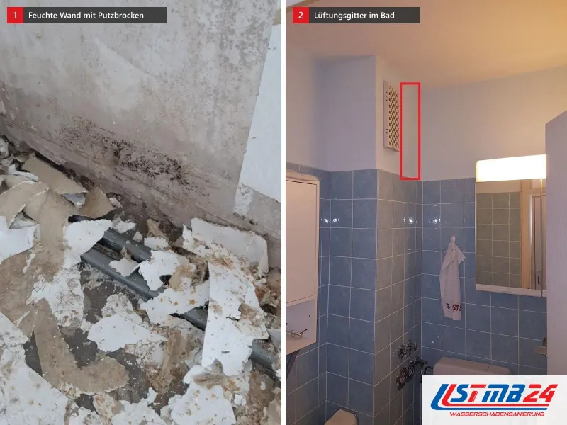 Zwei Ansichten: Wand mit dunklen Feuchteflecken und Putzbrocken am Boden, daneben hellblau gefliestes Bad mit rot markiertem Lüftungsgitter