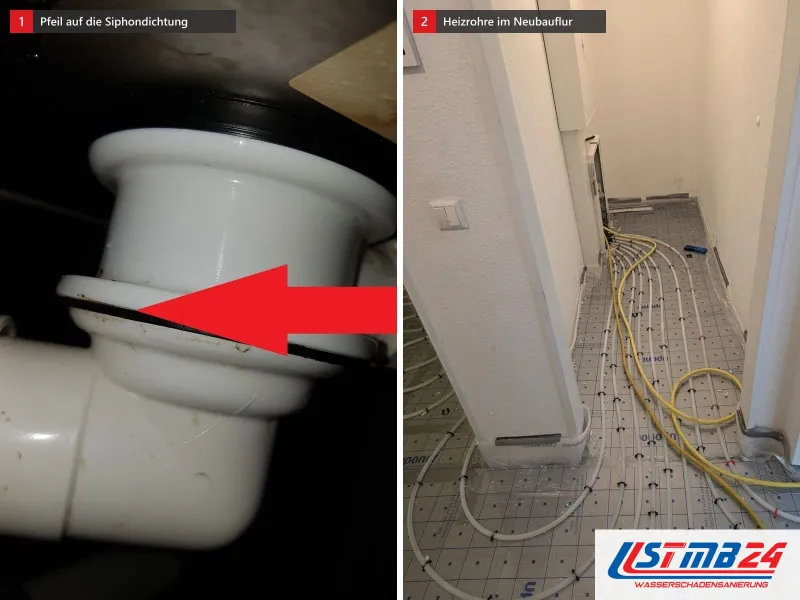 Zwei Ansichten: weißer Siphon mit rotem Pfeil auf die Dichtung, daneben Flur mit frisch verlegten Rohren der Fußbodenheizung