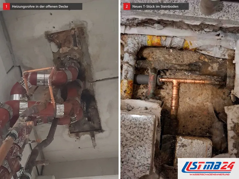 Zwei Ansichten: geöffnete Decke mit rot gedämmten Heizungsrohren und Wasserflecken, daneben neues Kupfer-T-Stück mit Pressfittings im Steinboden