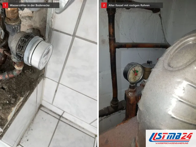 Zwei Ansichten: Wasserzähler mit korrodierten Verschraubungen in einer offenen Bodenecke, daneben alter Kessel mit Manometer und rostigen Rohren