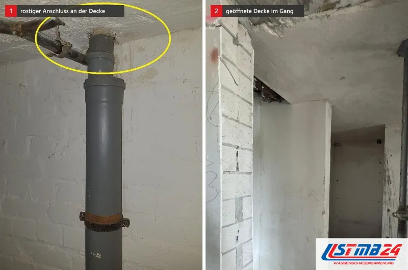 Zwei Bilder: links ein graues Abflussrohr durch die Kellerdecke, gelb umkreist der rostige Anschluss, rechts ein entkernter Gang mit geöffneter Decke