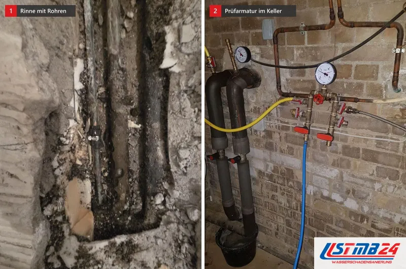 Zwei Bilder: links eine aufgestemmte Rinne mit zwei Rohren, rechts eine Prüfarmatur mit Manometern an Kupferleitungen vor einer Klinkerwand