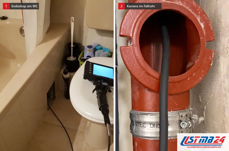 Zwei Bilder: links ein Endoskop auf einem WC-Deckel neben der Wanne, rechts das Kabel einer Rohrkamera in der Öffnung eines roten Gussrohrs