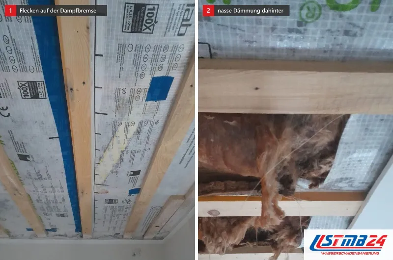 Zwei Bilder einer offenen Decke: links dunkle Feuchteflecken auf der Dampfbremse, rechts aufgeschnittene Folie mit nasser Dämmung dahinter