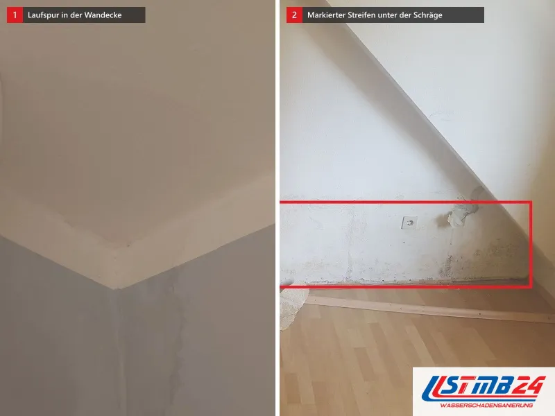 Zwei Ansichten: Wandecke mit senkrechter Laufspur unter der Decke, daneben Zimmer unter der Dachschräge mit abgelöster Tapete und rotem Rechteck