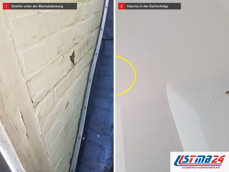 Zwei Ansichten: Klinkerwand mit Blechabdeckung und dunklem Streifen, daneben Dachschräge mit gelb umkreistem Haarriss