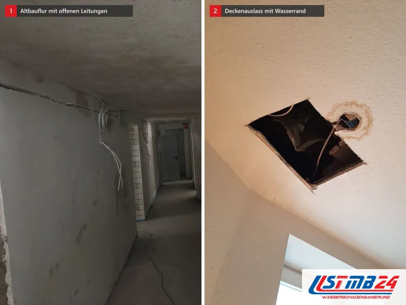 Zwei Ansichten: langer Altbauflur mit gespachtelten Wänden, daneben Decke mit quadratischer Öffnung und Deckenauslass mit braunem Wasserrand