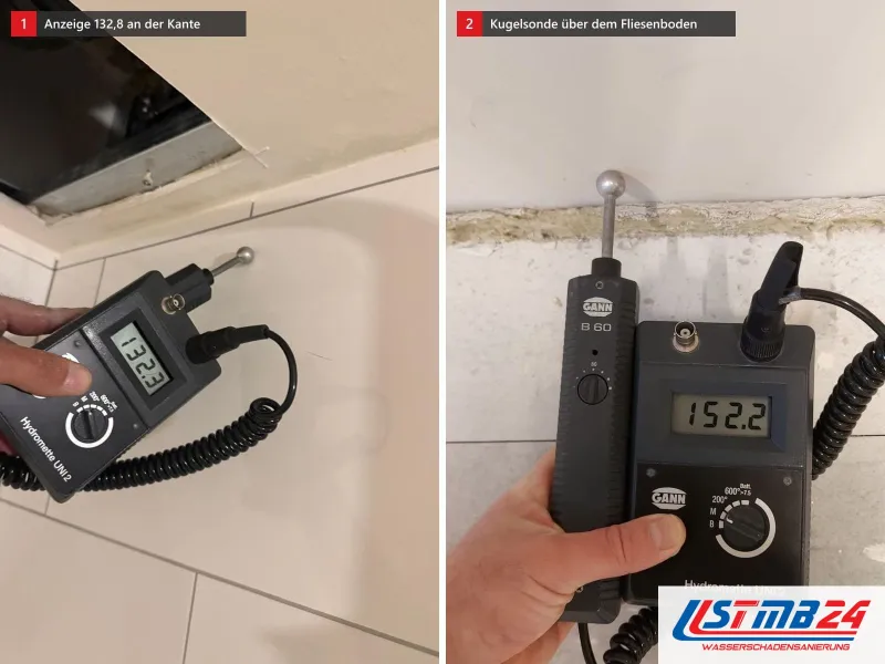 Zwei Ansichten: Messgerät mit Anzeige 132,8 an einer Kante, daneben Hydromette mit Kugelsonde an der Wand über einem Fliesenboden mit Anzeige 152,2