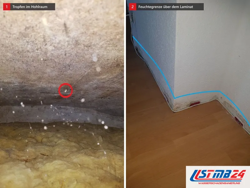 Zwei Ansichten: Hohlraum über einer Dämmung mit rot umkreistem Tropfen, daneben Wandecke mit blauer Linie über dem Laminat