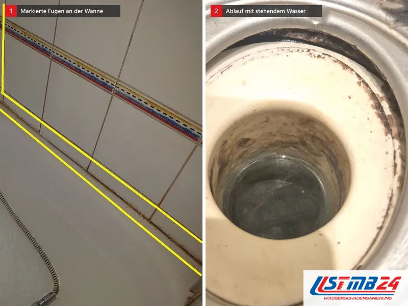Zwei Ansichten: Badewanne mit Wasser und gelb markierten Silikonfugen an Wand und Rand, daneben ein Bodenablauf mit stehendem Wasser