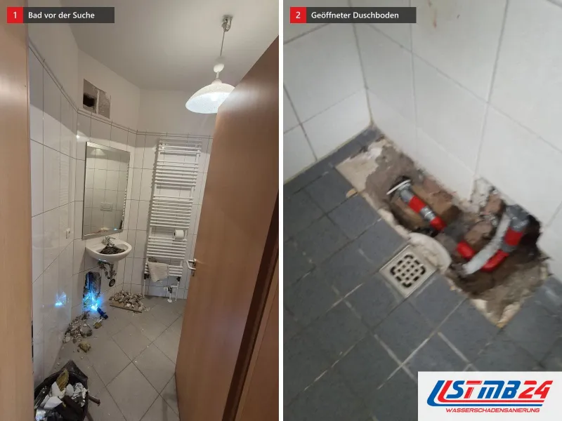Zwei Ansichten: Blick durch eine Badtür auf Waschbecken und Heizkörper, daneben Duschbereich mit geöffnetem Boden und roten Rohren