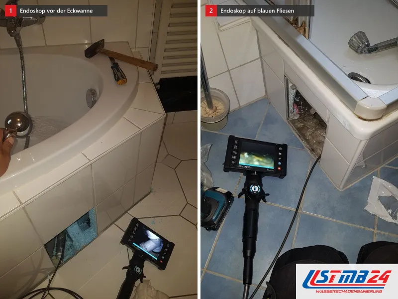 Zwei Ansichten: Eckbadewanne mit Hammer und Endoskop davor, daneben Endoskop auf blauen Bodenfliesen mit Akkuschrauber