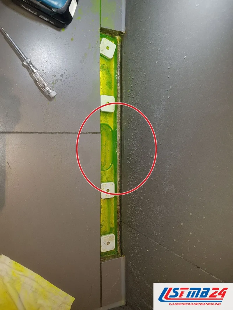 grüne Abdichtung in einem Streifen zwischen den Fliesen, ein roter Kreis markiert die Stelle