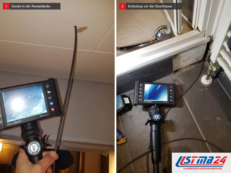 Zwei Ansichten: Endoskop mit Monitor, die Sonde führt durch eine Bohrung in eine Paneeldecke, daneben Endoskop vor Heizkörper und Duschtasse